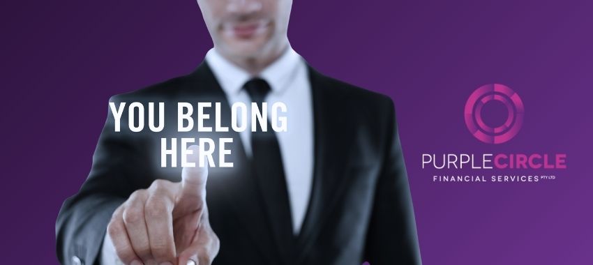 "You belong here" conveys a sense of community and opportunity at Purple Circle Financial Services for aspiring brokers.